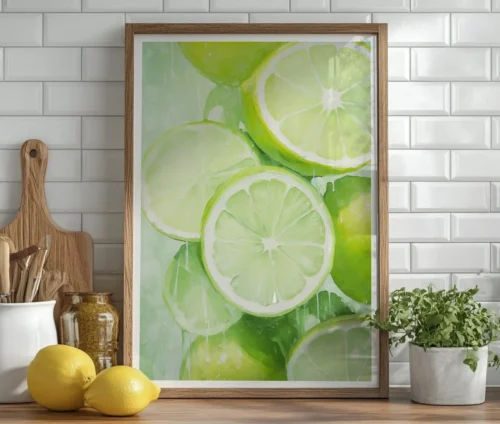 Lime plakat placeret i et køkken med trædetaljer og friske citroner.