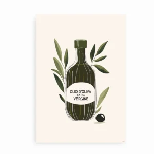 Minimalistisk Olio d'Oliva plakat med illustration af olivenolieflaske og olivengrene.