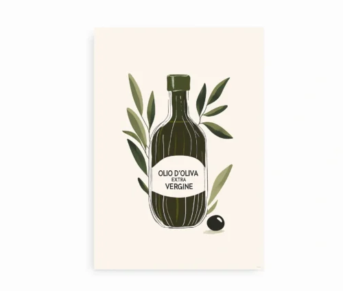 Minimalistisk Olio d'Oliva plakat med illustration af olivenolieflaske og olivengrene.