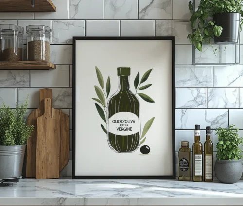 Indrammet Olio d'Oliva plakat på en køkkenhylde med olivenolieflasker og krydderurter.