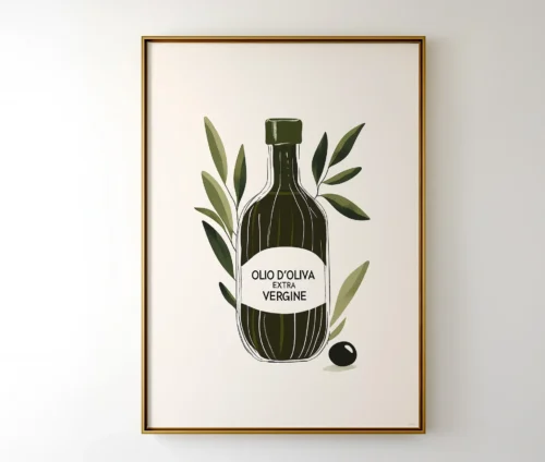 Indrammet Olio d'Oliva plakat i guldramme, ophængt på en lys væg.