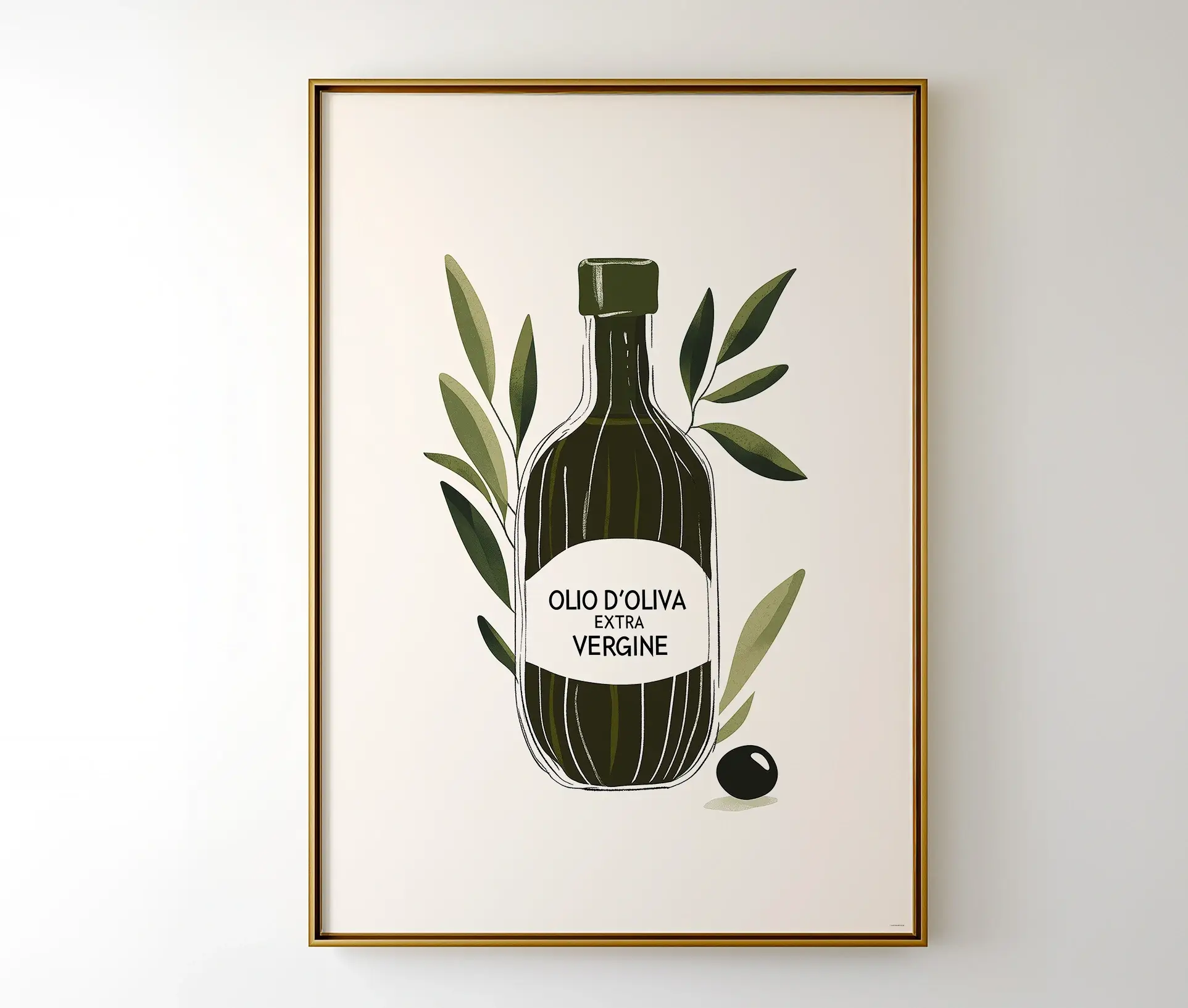 Indrammet Olio d'Oliva plakat i guldramme, ophængt på en lys væg.