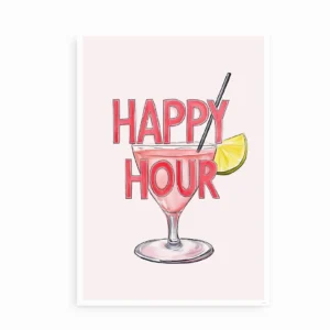 Plakat med et illustreret cocktailglas og teksten "Happy Hour".