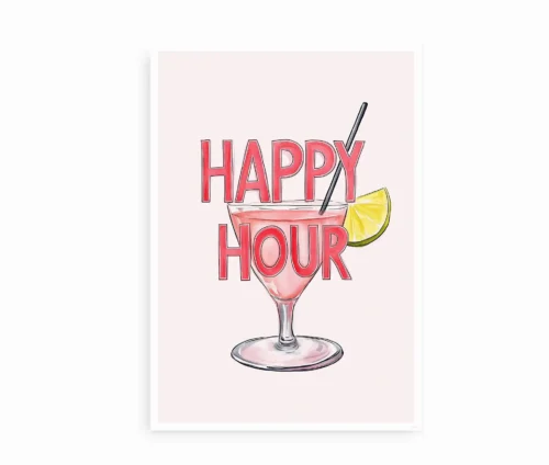 Plakat med et illustreret cocktailglas og teksten "Happy Hour".