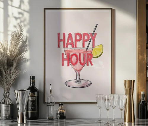 Happy hour plakat placeret i en stilfuld barindretning.
