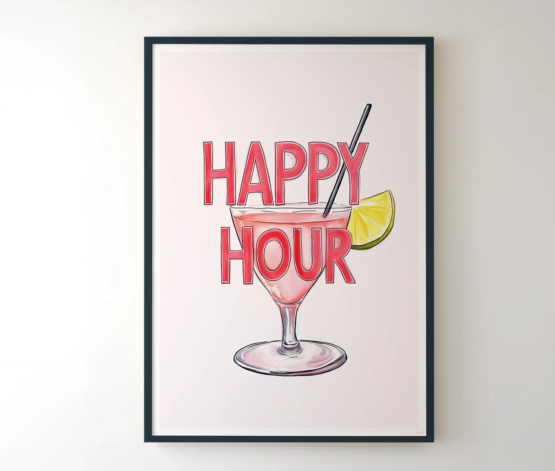 Indrammet happy hour plakat hængende på en væg.
