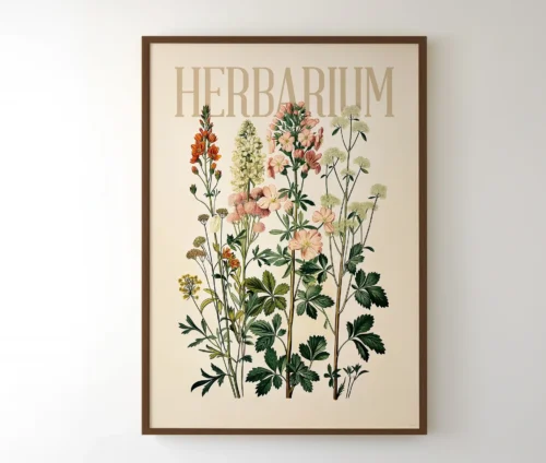 Plakat med botaniske blomster i brun ramme