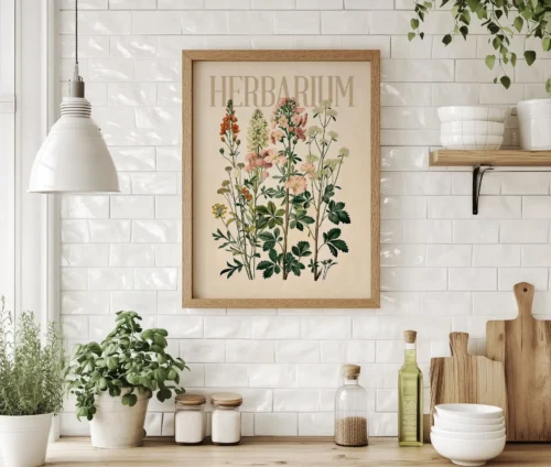 Plakat med botaniske blomster i lys træramme