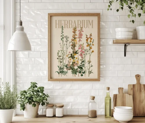 Plakat med botaniske blomster i lys træramme