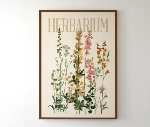 Plakat med botaniske blomster i brun ramme