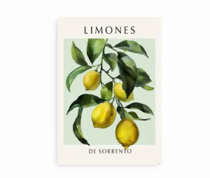Plakat med citroner fra Sorrento uden ramme, med en blød pastelgrøn baggrund.