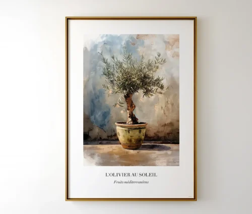 Indrammet plakat af oliventræ hængende på en væg i minimalistisk stil.