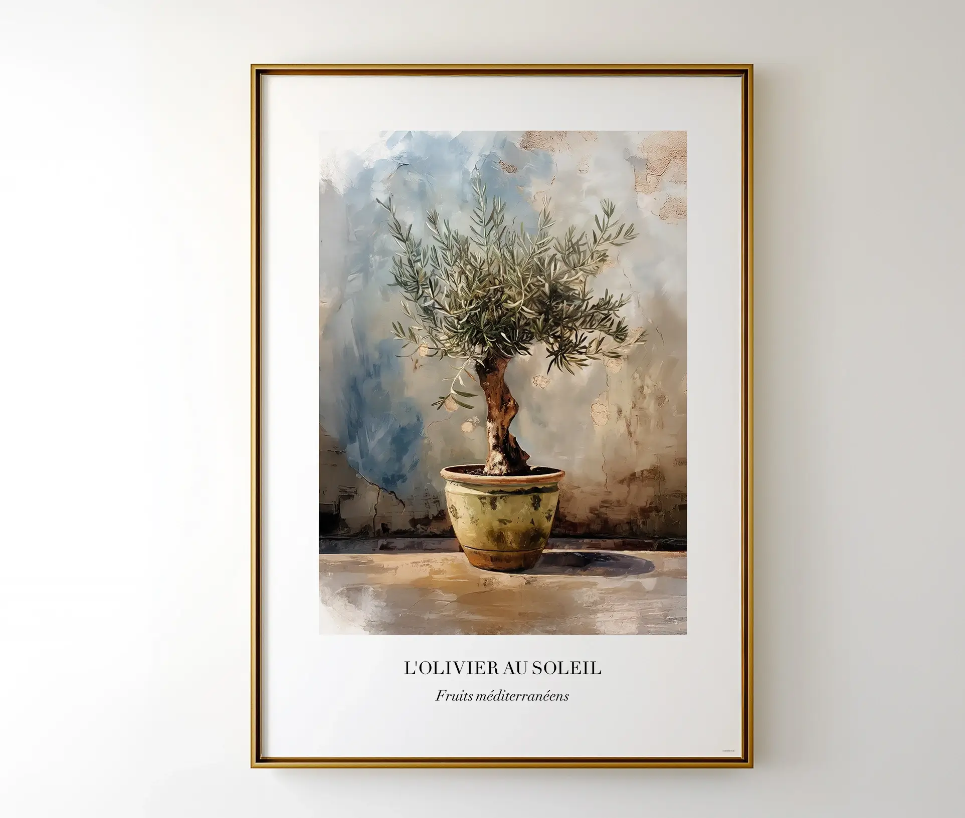Indrammet plakat af oliventræ hængende på en væg i minimalistisk stil.