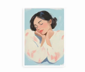 Plakat af en hvilende kvinde i pastelfarver uden ramme.
