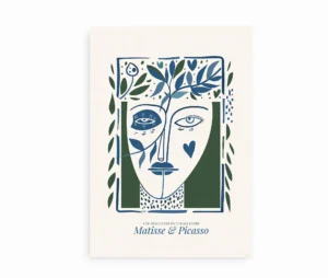 Plakat med abstrakt ansigt og botaniske detaljer inspireret af Matisse og Picasso