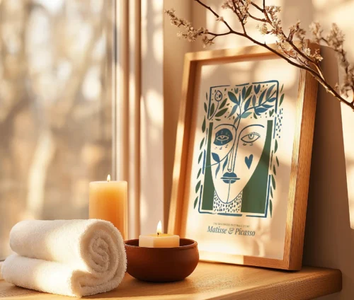 Plakat med abstrakt ansigt i træramme inspireret af Matisse og Picasso