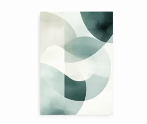 Plakat med abstrakte former i grønne og beige nuancer med et minimalistisk udtryk.