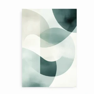 Plakat med abstrakte former i grønne og beige nuancer med et minimalistisk udtryk.