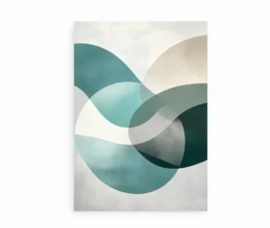 Minimalistisk plakat med abstrakte bølgende former i blå og beige på en lys baggrund.