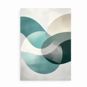 Minimalistisk plakat med abstrakte bølgende former i blå og beige på en lys baggrund.