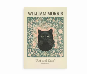 Plakat med sort kat omgivet af botaniske elementer inspireret af William Morris