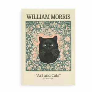 Plakat med sort kat omgivet af botaniske elementer inspireret af William Morris