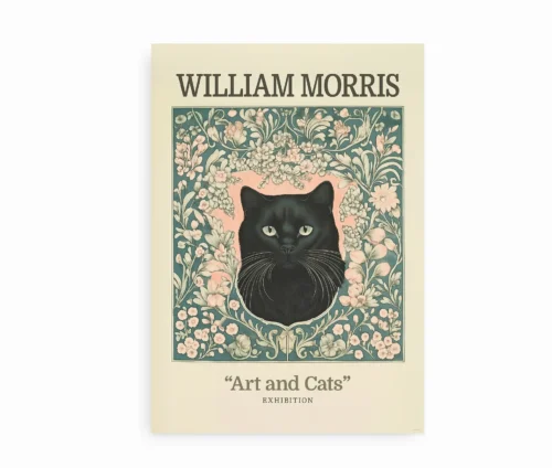 Plakat med sort kat omgivet af botaniske elementer inspireret af William Morris