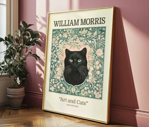 Plakat med sort kat i klassisk botanisk design i ramme