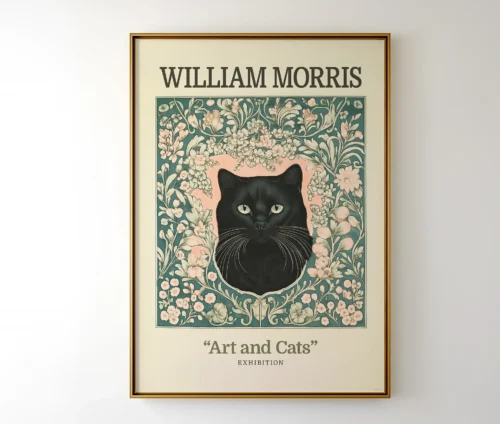 Plakat med kat og botanisk kunst i gylden ramme