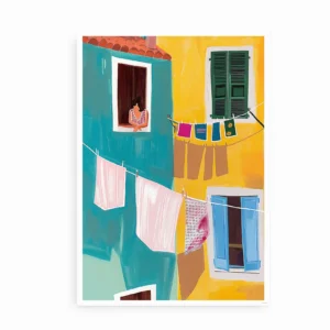 Plakat med illustration af solrige husfacader, vasketøj og en kvinde i vinduet.
