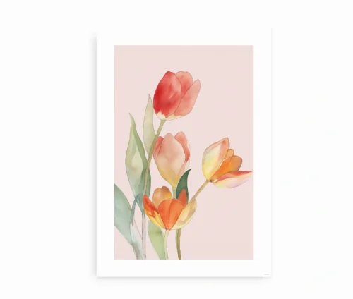 Plakat med lyserøde og orange tulipaner på lyserød baggrund