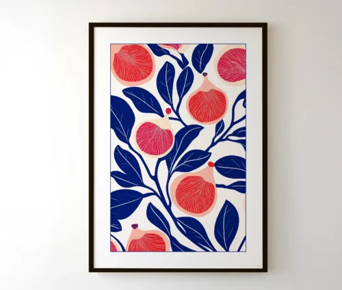 Indrammet plakat med grafiske figenfrugter hængende på væggen.