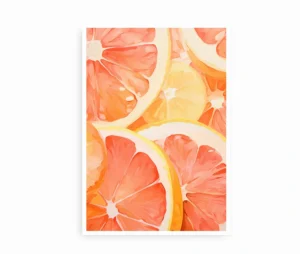 Plakat med grapefrugt og citron i en kunstnerisk, farverig gengivelse.