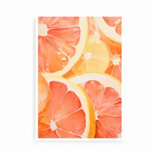 Plakat med grapefrugt og citron i en kunstnerisk, farverig gengivelse.