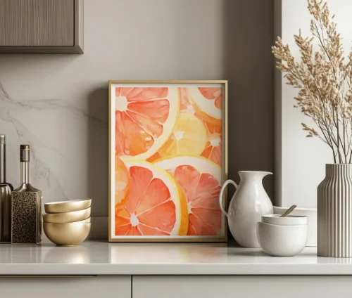 Grapefrugt plakat placeret på en køkkenhylde blandt elegante dekorationer.