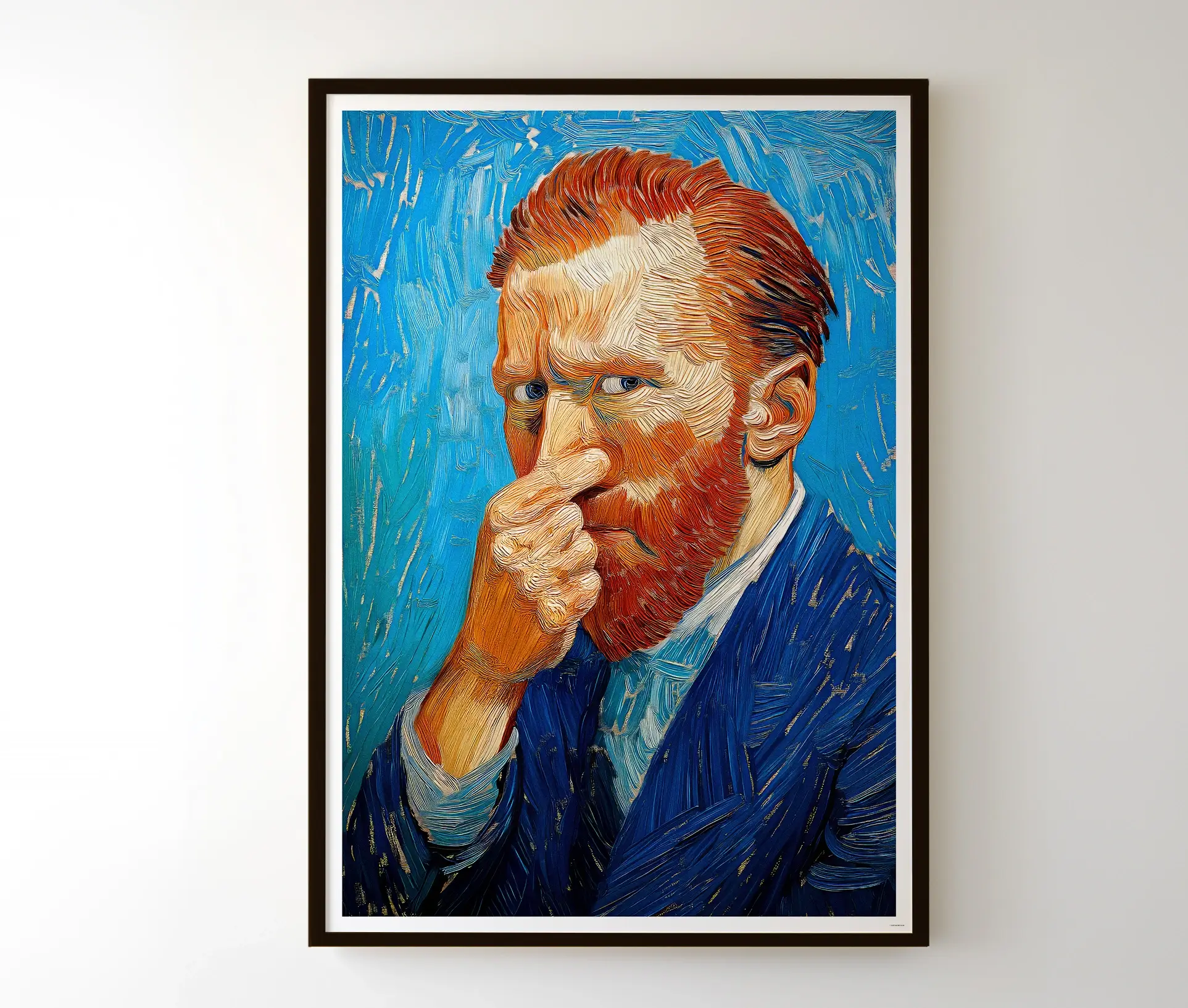 Indrammet plakat med en humoristisk fortolkning af Van Gogh, hvor han holder en hånd for ansigtet.