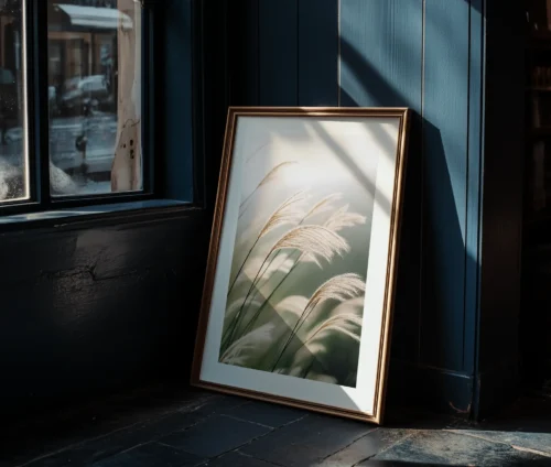 Plakat med strå i vinden, placeret op ad en væg i et mørkt rum med naturligt lys.