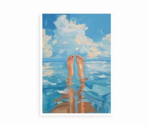 Plakat med fødder, der stikker op af vandet under en blå himmel.