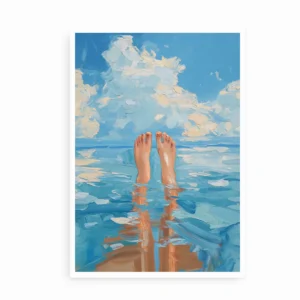 Plakat med fødder, der stikker op af vandet under en blå himmel.