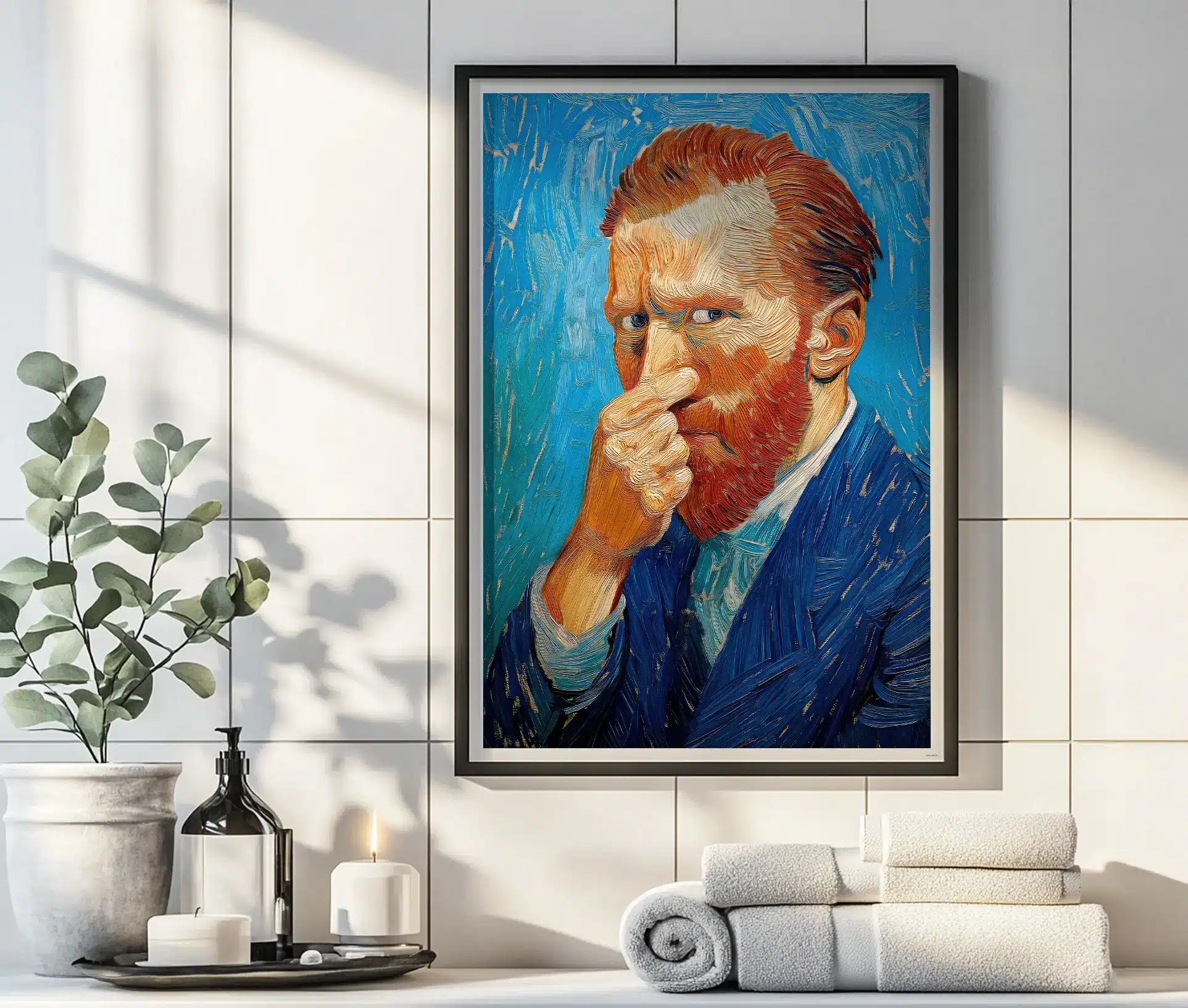 Van Gogh-plakat indrammet og ophængt på en væg i et stilrent rum.