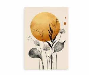 Uindrammet plakat med sort botanisk motiv og gul sol