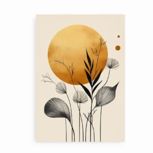 Uindrammet plakat med sort botanisk motiv og gul sol