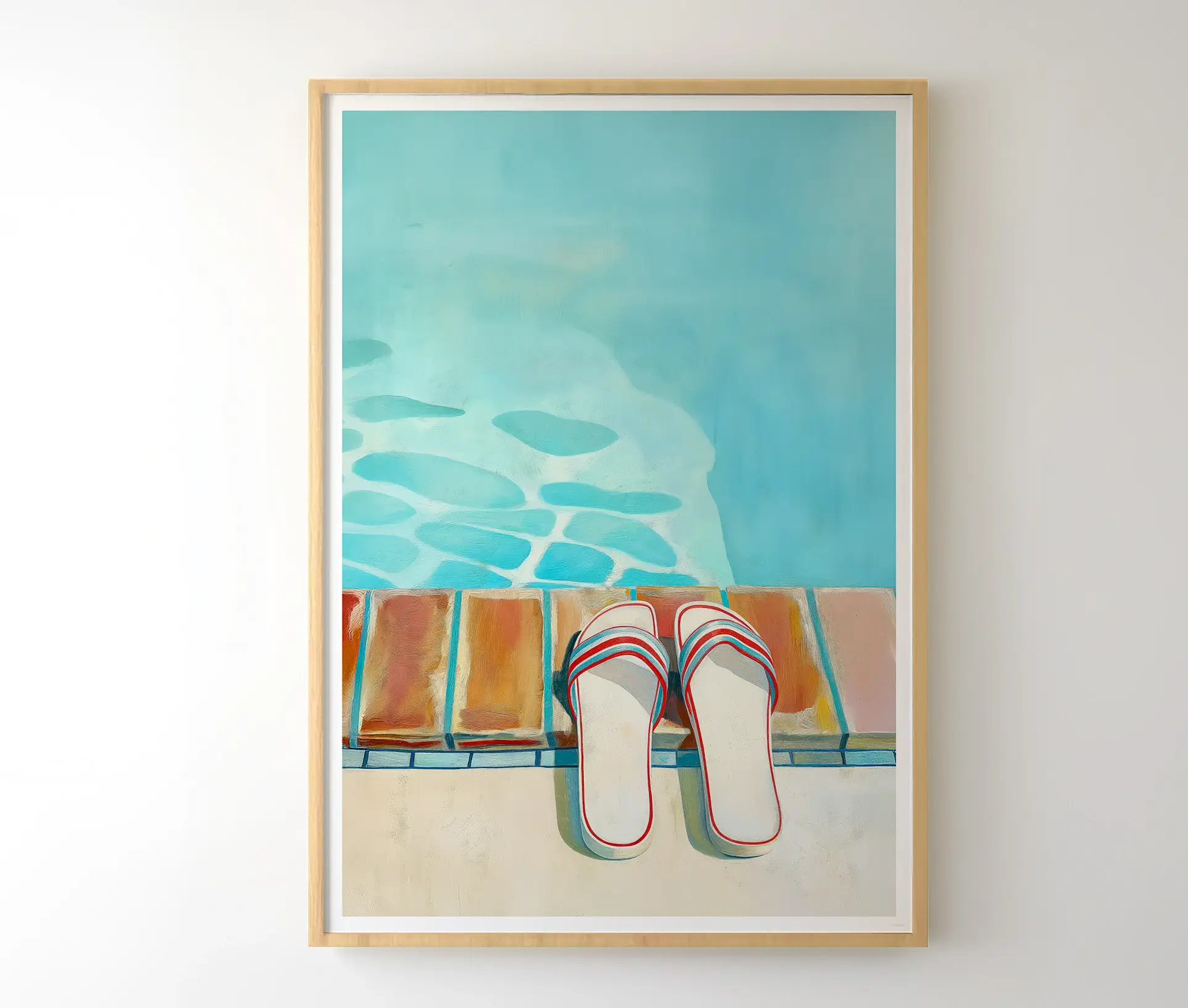 Indrammet plakat med poolmotiv og flip-flops, hængende på væggen.