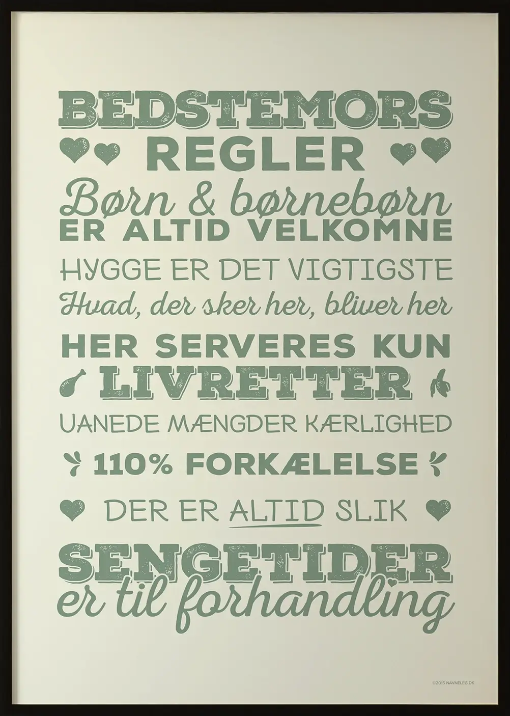 Plakat med "Bedstemors regler" – en hyggelig og sjov gaveidé til mors dag.
