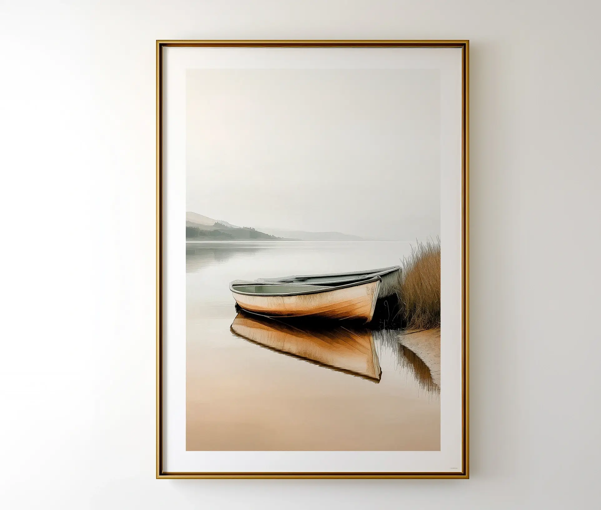 Indrammet fotokunst med robåd ved sø i gyldne toner