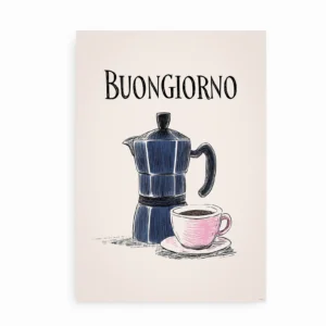 Plakat med moka kaffekande og kop samt teksten "Buongiorno"