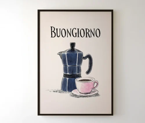 Indrammet plakat med moka kaffekande og kaffekop med teksten "Buongiorno"