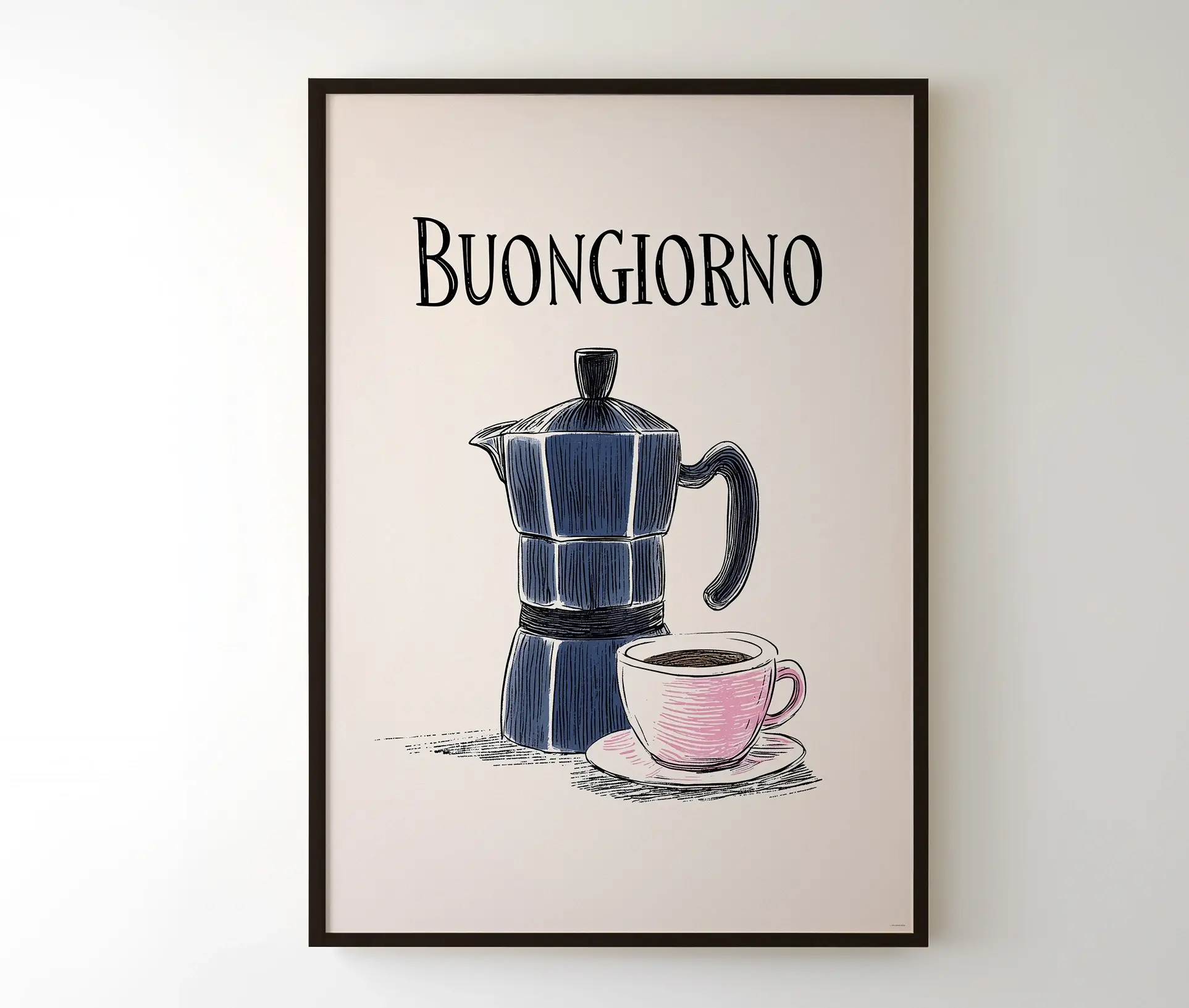 Indrammet plakat med moka kaffekande og kaffekop med teksten "Buongiorno"