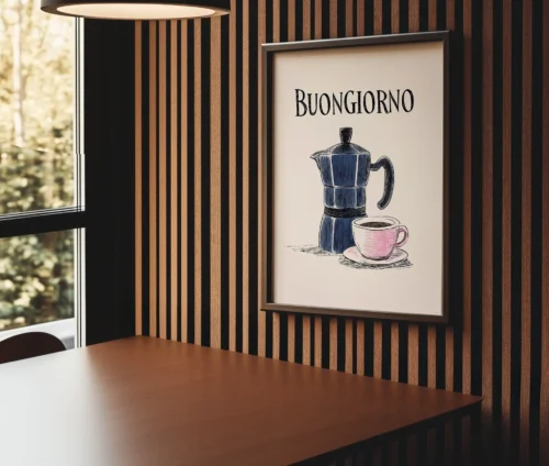 Buongiorno kaffeplakat i ramme i moderne spiseområde
