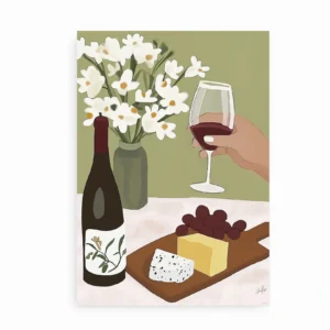 Plakat med håndtegnet vin og ostebord med blomster